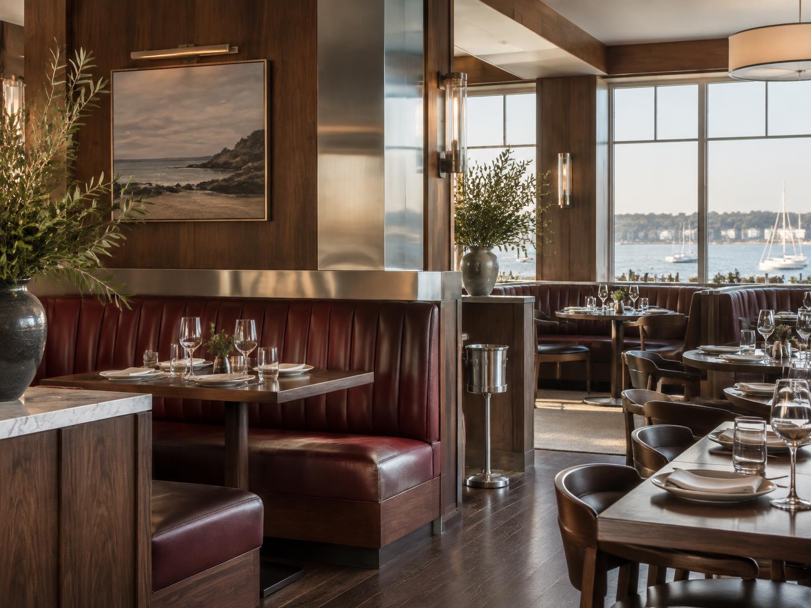 A polished waterfront restaurant interior